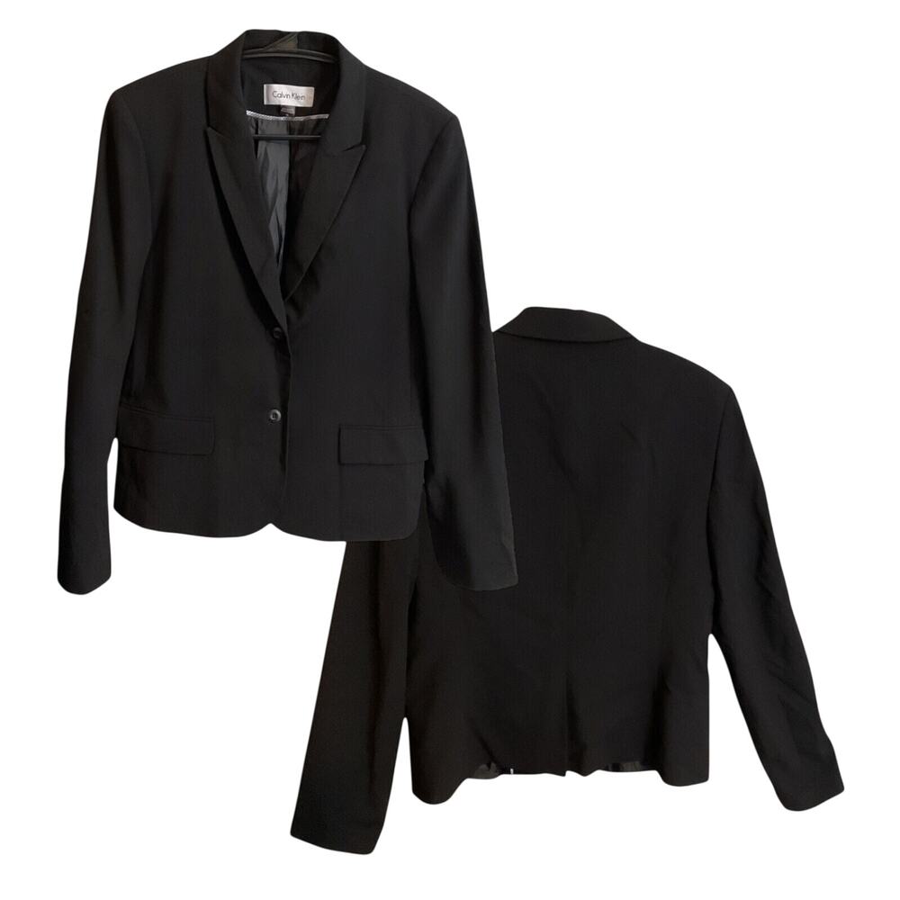 CALVIN KLEIN Blazer‎ Jacket Women's Size 10 Black Lined Stretch 2 Buttons